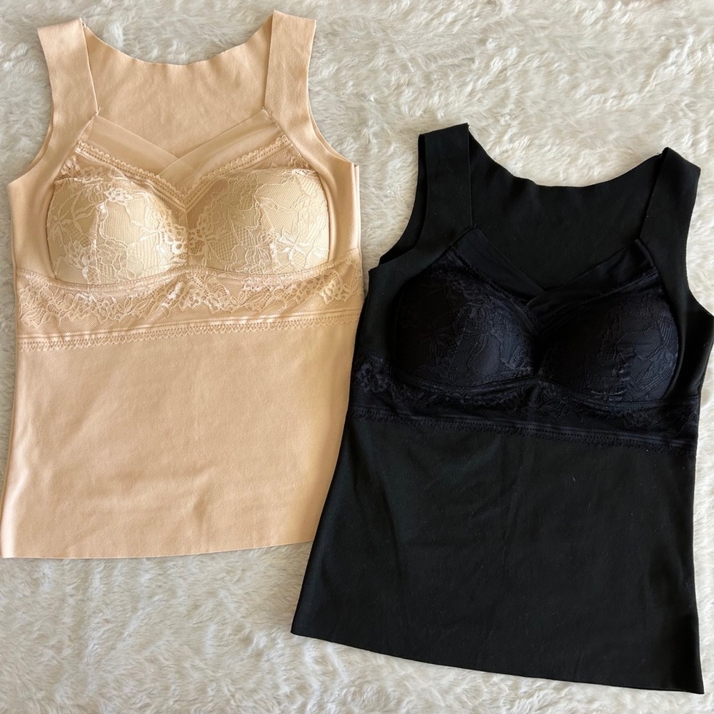 Seamless Built-in Bra Camisole Set Women XXL Black Beige Lace Trim Tank Tops